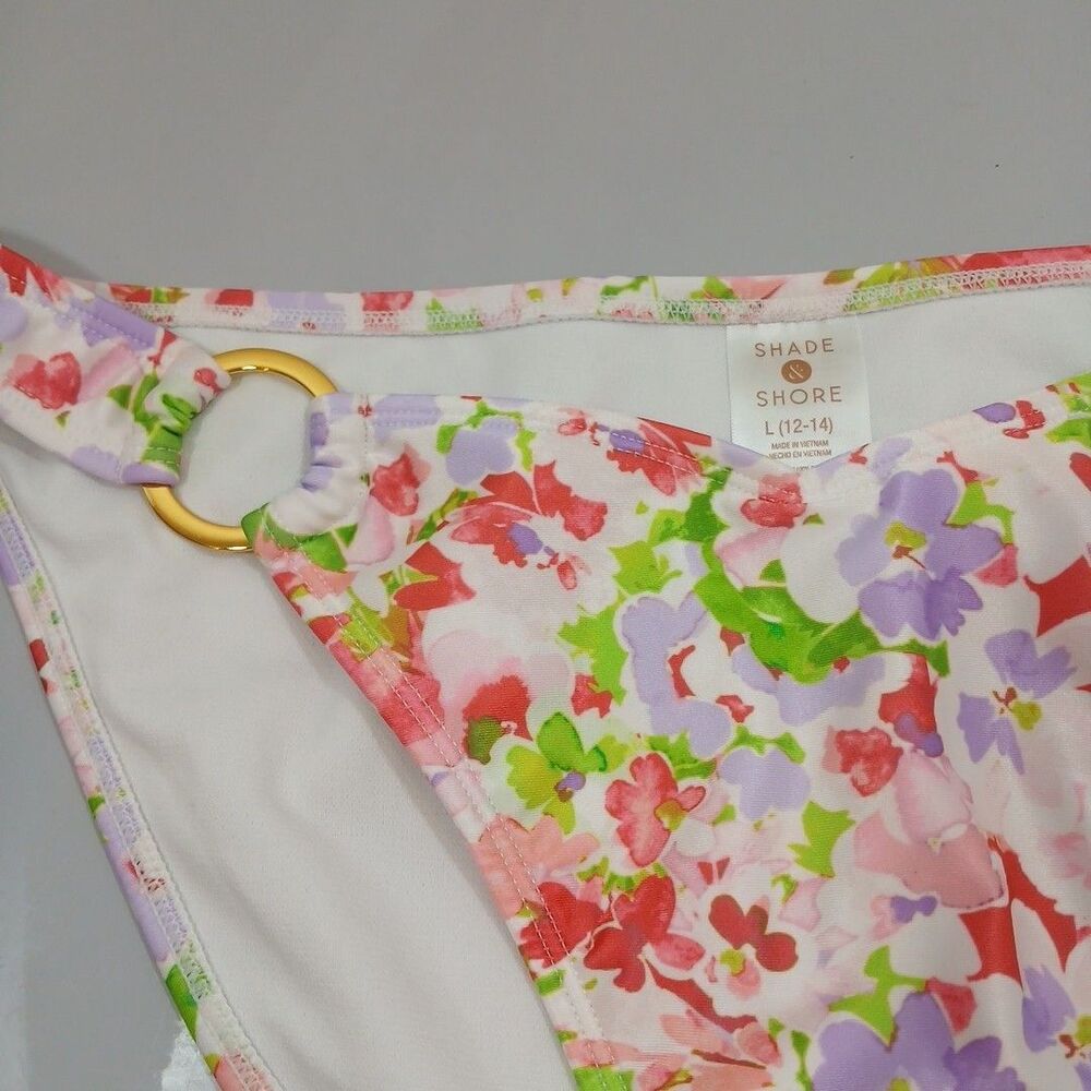 Shade & Shore Large 12-14 Multi Floral Side Ring High Leg Bikini Swim Bottom - Picture 2 of 5